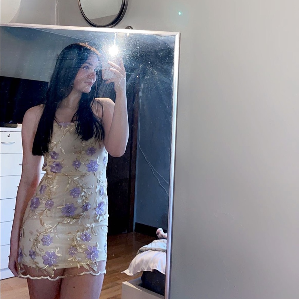 Purple and gold flower dress. From Lucy in the Sky. Size medium.